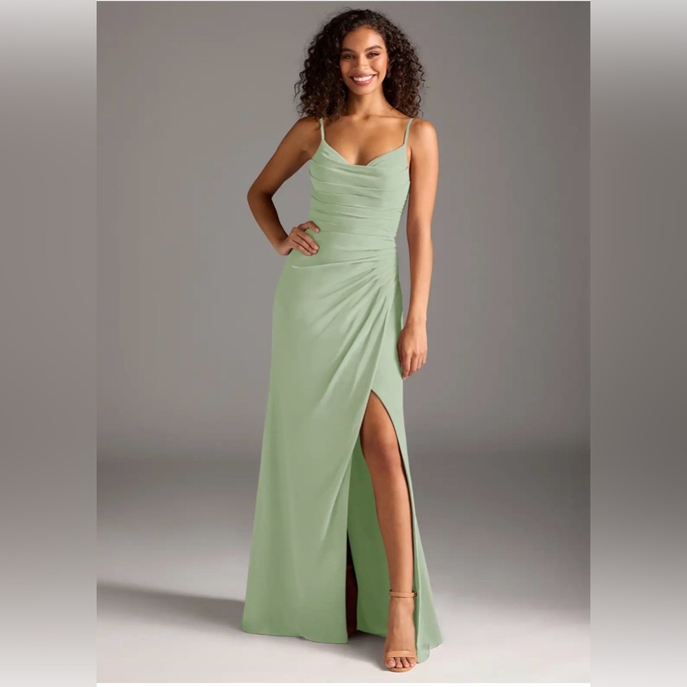 Azazie Sage Green Cowl-Neck Spaghetti-Strap Maxi Dress